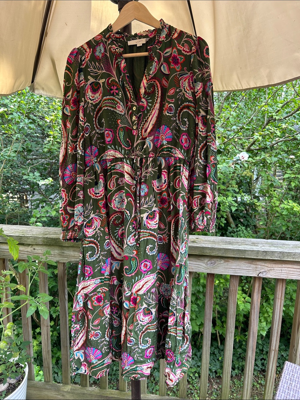 LOFT Olive Green Paisley Tiered Midi Dress